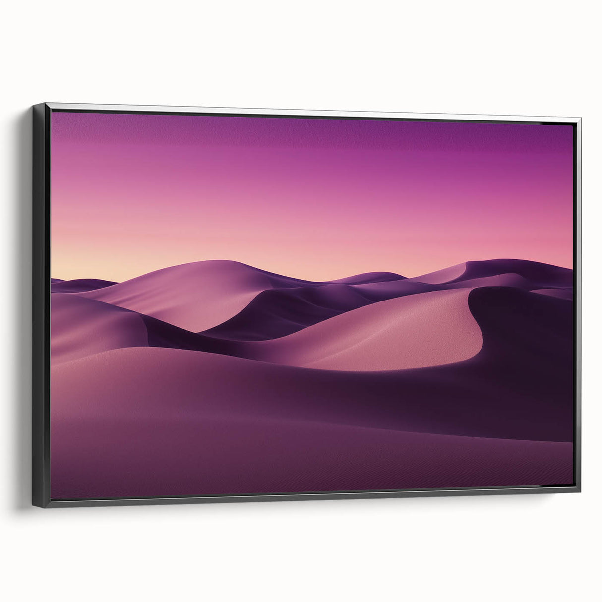 Framed canvas artwork depicting a stunning desert landscape with vibrant colors, featuring a black frame that enhances the visual appeal. Ideal for home decor.
