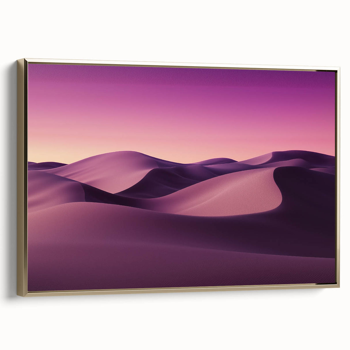 Framed canvas artwork depicting a stunning desert landscape, featuring warm gold tones and intricate details, perfect for enhancing modern home decor.