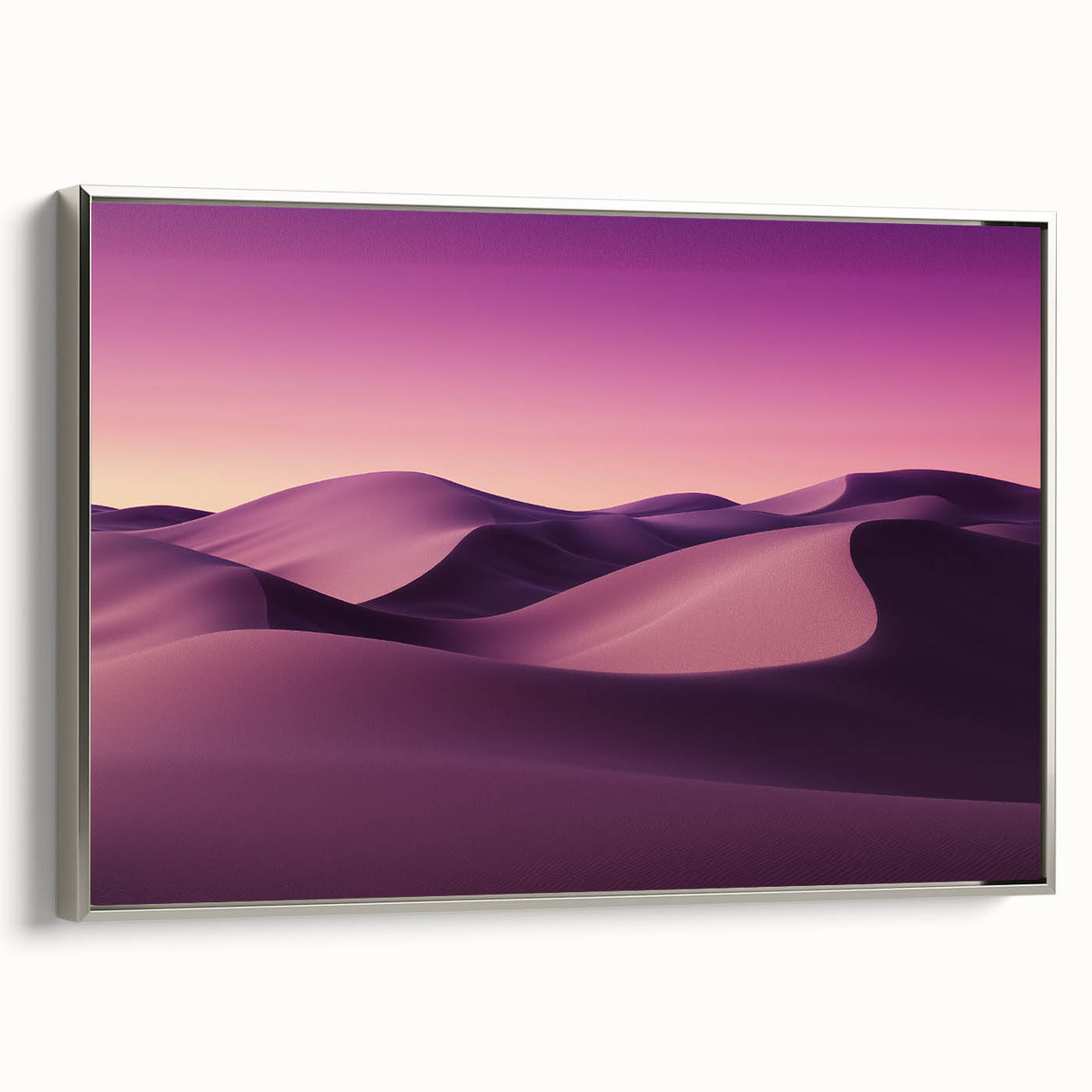 Framed canvas artwork showcasing a serene desert landscape, featuring warm earthy tones and a modern silver frame, ideal for home decor and interior design.