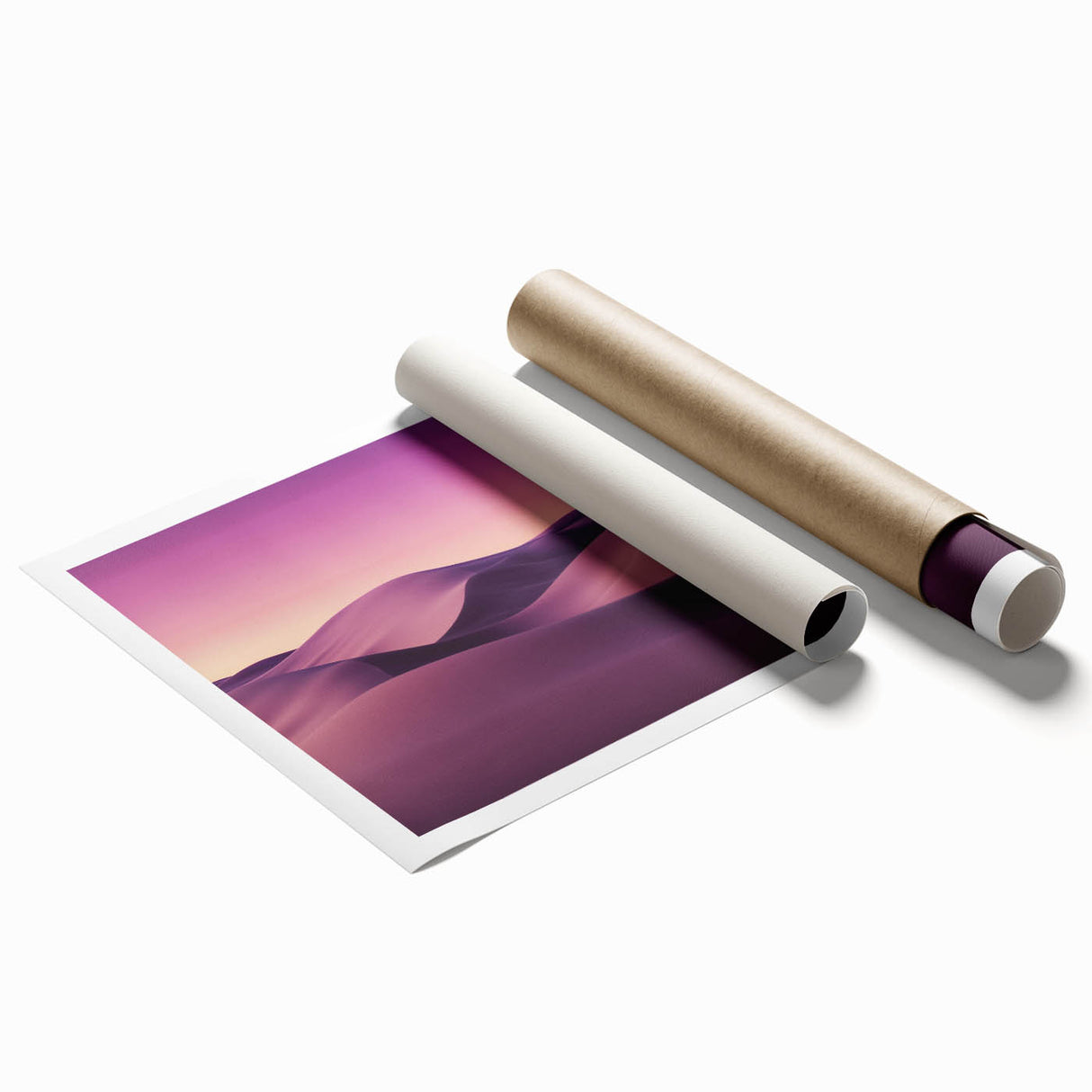 Desert landscape rolled canvas print showcasing warm hues of orange and gold, featuring textured details and packaged securely in a protective tube for easy display.