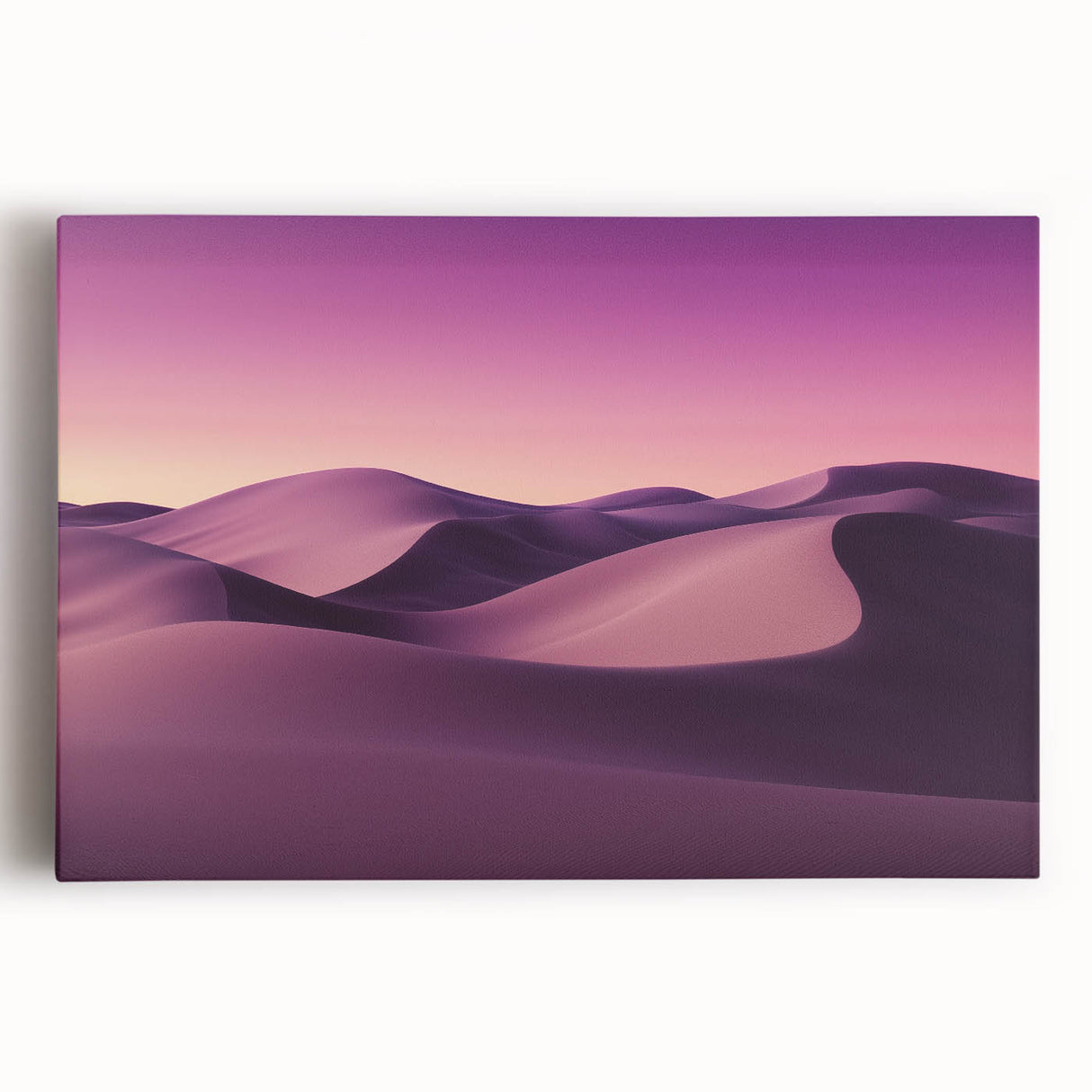Desert landscape stretched canvas artwork showcasing vibrant orange and yellow hues of a sunset, framed by rugged mountains, perfect for home decor.