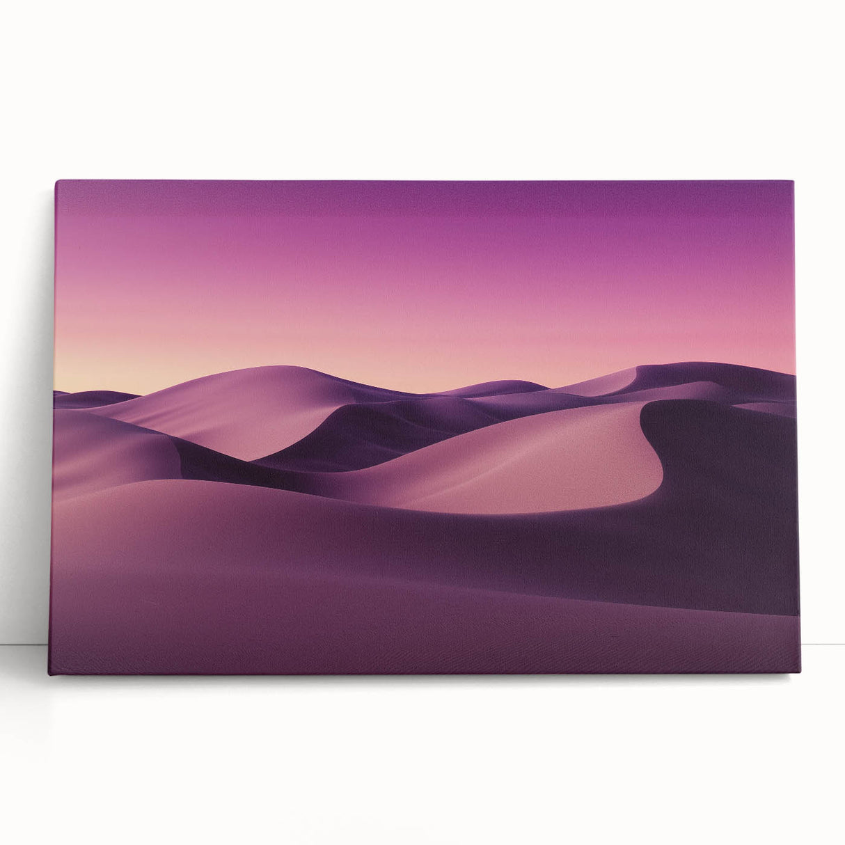Desert landscape stretched canvas art showcasing vibrant hues of orange and yellow, depicting a serene sunset over sand dunes, perfect for modern home decor.