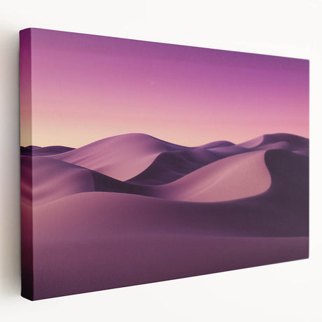 Stretched canvas artwork depicting a serene desert landscape with warm tones of beige and orange, showcasing rugged mountains and a bright blue sky, perfect for home decor.