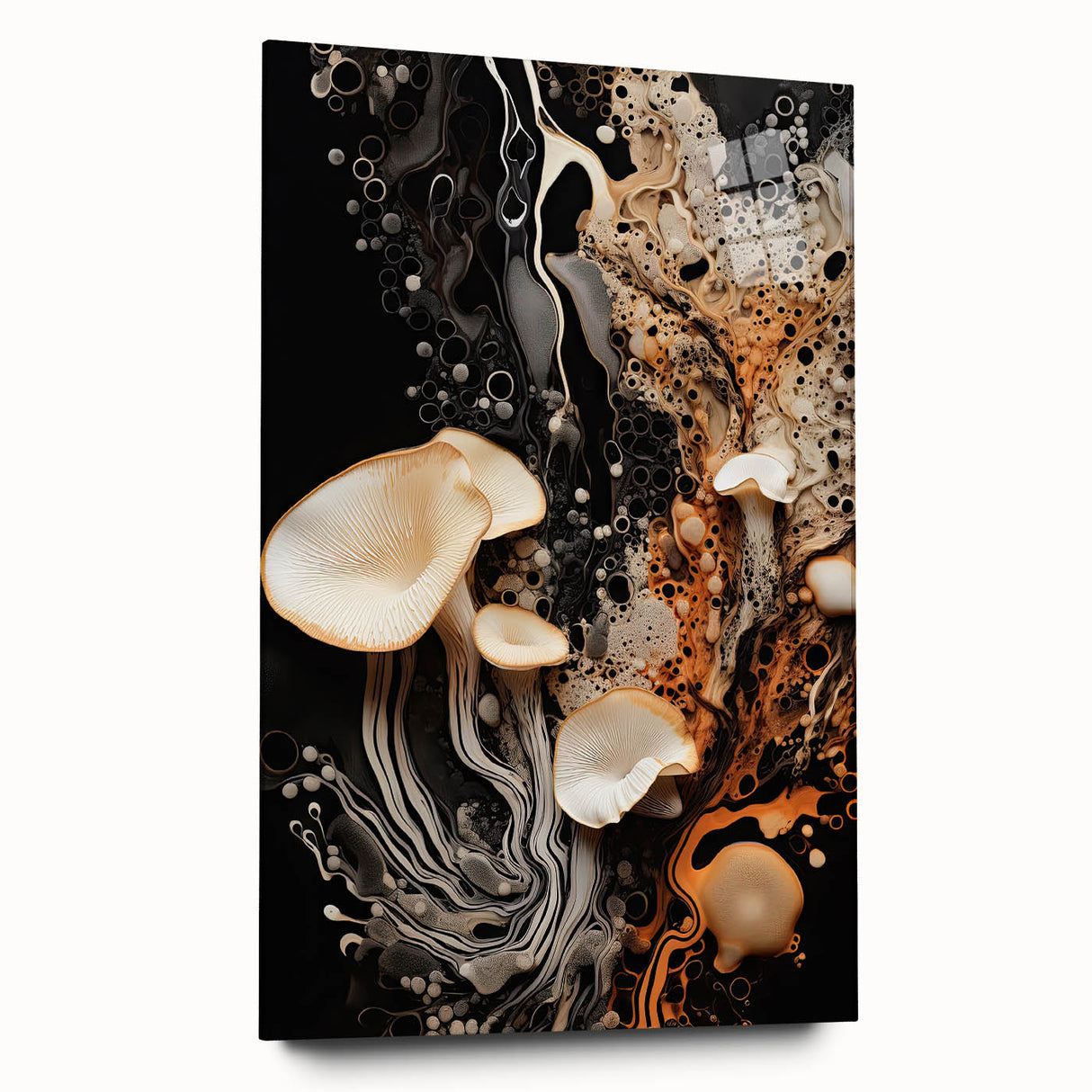 Large abstract wall art in muted earth tones on acrylic glass, suitable for bedroom or dining room decor.