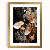 Extra large abstract art print featuring textured swirls in gold and white, framed in gold, ideal for living room decor.