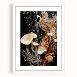 Abstract art print featuring swirls in muted gray and blue tones, framed in white, suitable for bedroom or dining room decor.