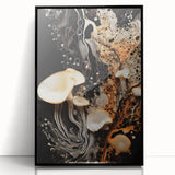 Large abstract wall art in black and white acrylic, framed, featuring mid-century modernist elements.