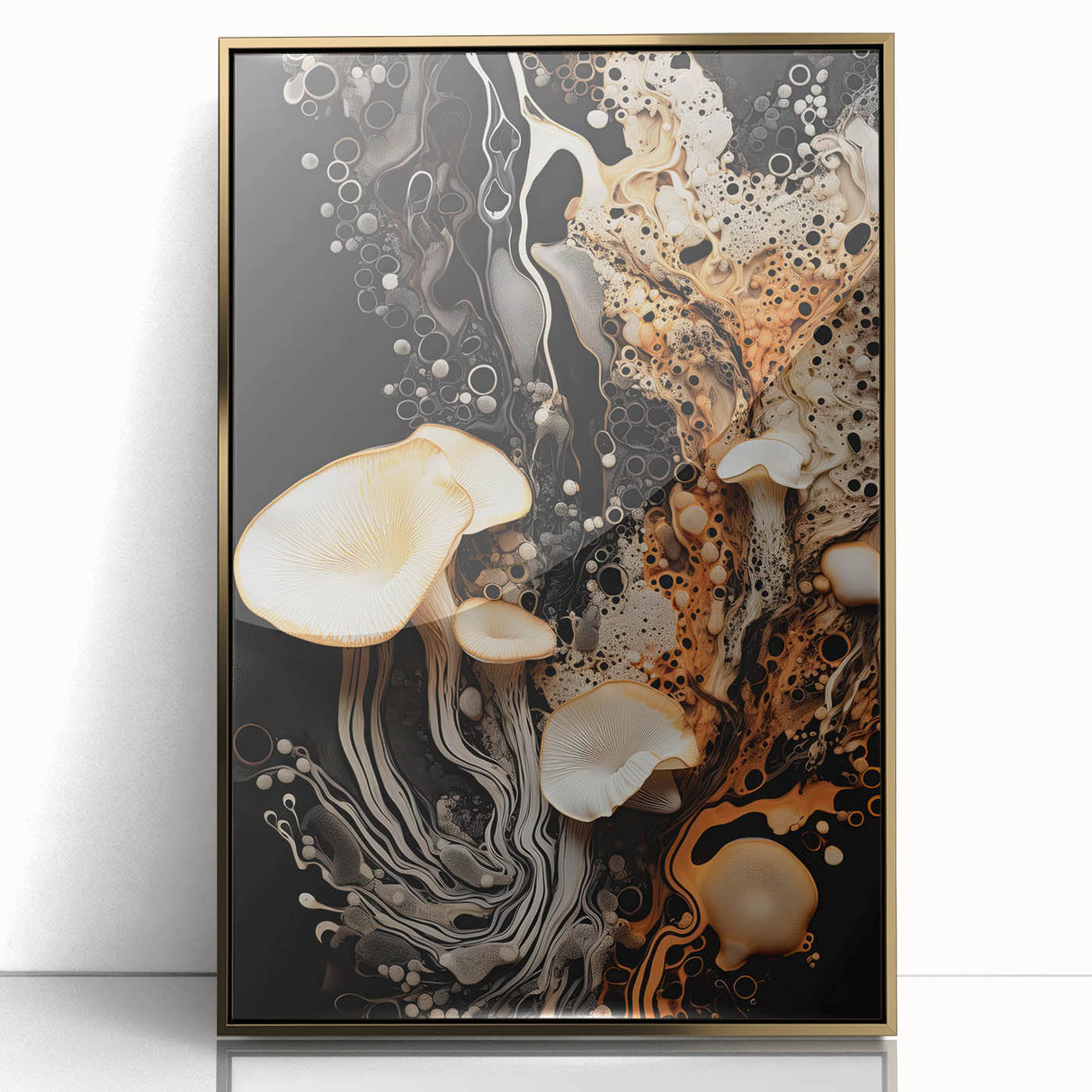 Large art print of abstract elements in gold and black on acrylic, framed, mid-century modernist style.