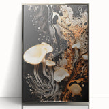 Mid-century modernist art of geometric shapes in muted grays and silvers, framed acrylic, ideal for modern art wall decor.