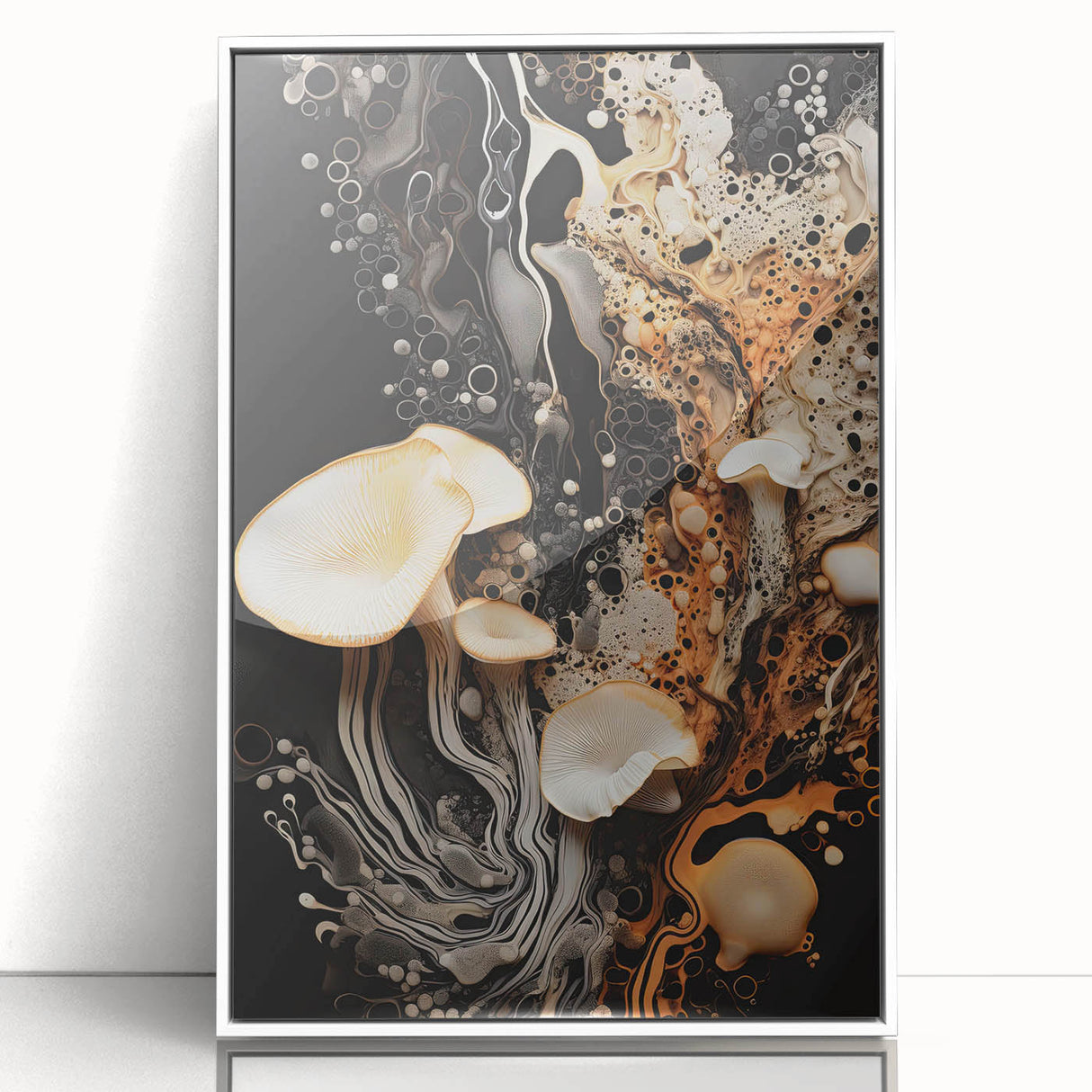 Art deco poster featuring geometric shapes in soft pink and white, acrylic print framed in white.