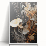 Art deco poster featuring geometric shapes in soft pink and white, acrylic print framed in white.