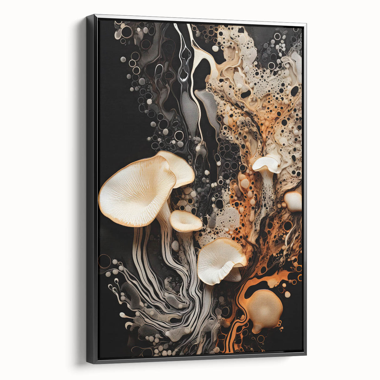 Black and white landscape art painting on framed canvas, featuring close-ups of natural elements.