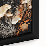 Close-up of black wall art featuring textured, colorful abstract elements on a framed canvas, ideal for living room decor.