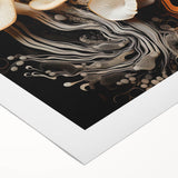 Art deco poster featuring geometric patterns in muted gold and black on rolled canvas, suitable for dining room decor.