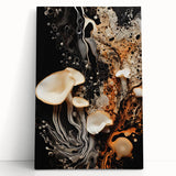 Large black and white abstract art on stretched canvas, featuring organic forms.