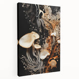 Close-up of a large, stretched canvas depicting natural elements in muted earth tones, suitable for kitchen wall art.