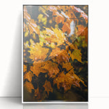 Art deco poster of autumn trees in golden-yellow tones, acrylic print in white frame, ideal for nursery wall decor.