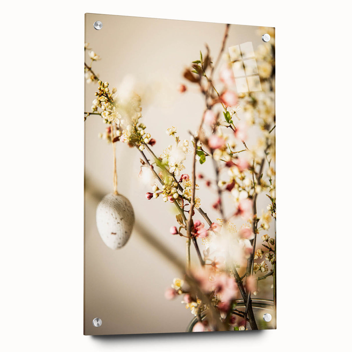 Large abstract wall art on acrylic glass depicting spring themes in vibrant green and soft pink.