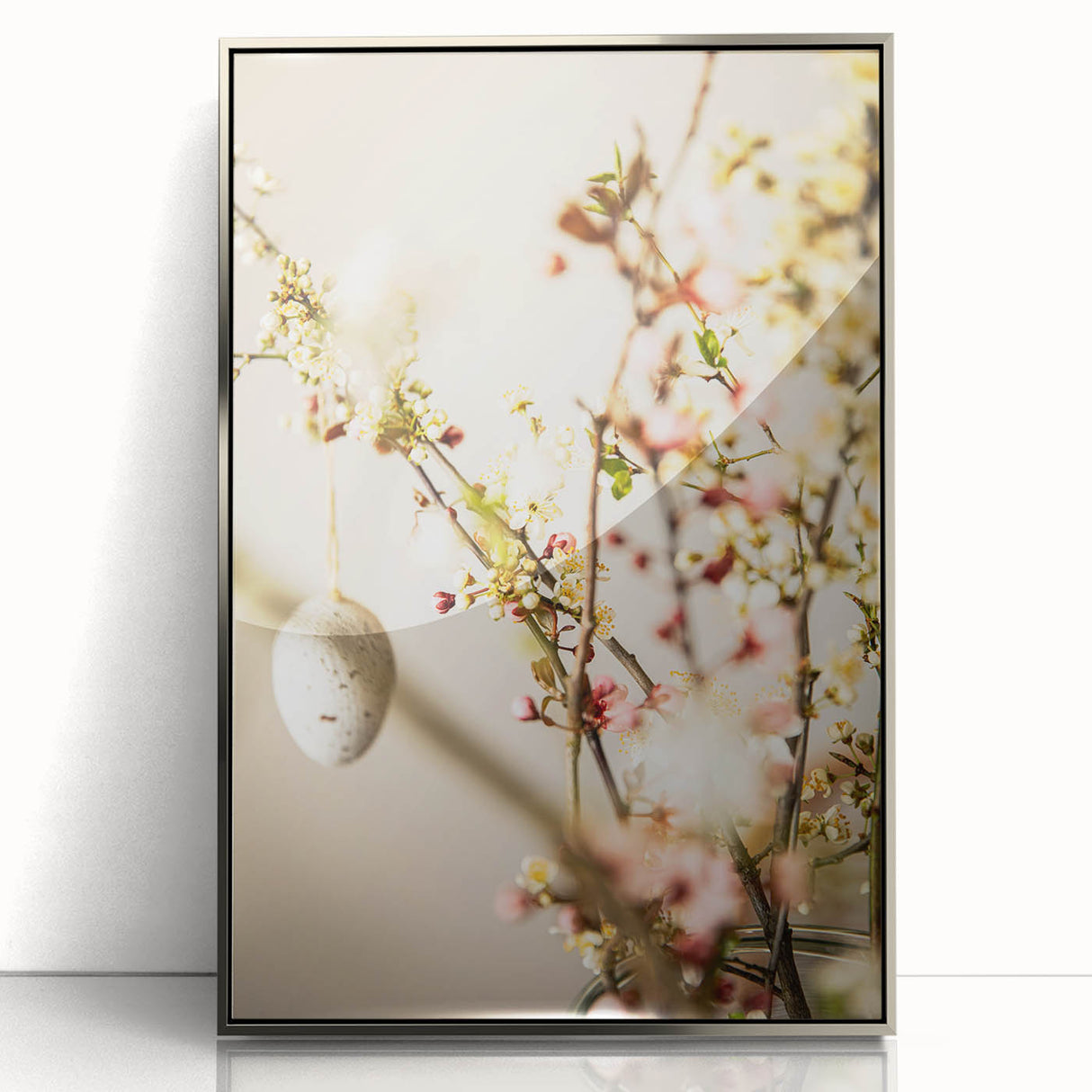 Mid-century modernist art depicting spring, with soft green and yellow tones on a framed acrylic print.