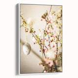 Vintage poster art featuring a colorful spring scene on a large framed canvas, ideal for living room decor.