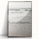 Mid-century modernist art depicting summer season in vibrant colors on a silver-framed acrylic print.