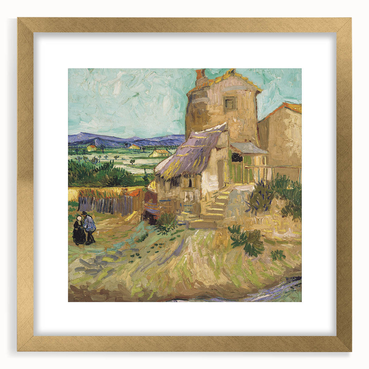Extra large abstract art print with textured brush strokes in blue and gold, framed in gold, ideal for living room decor.
