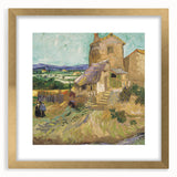 Extra large abstract art print with textured brush strokes in blue and gold, framed in gold, ideal for living room decor.