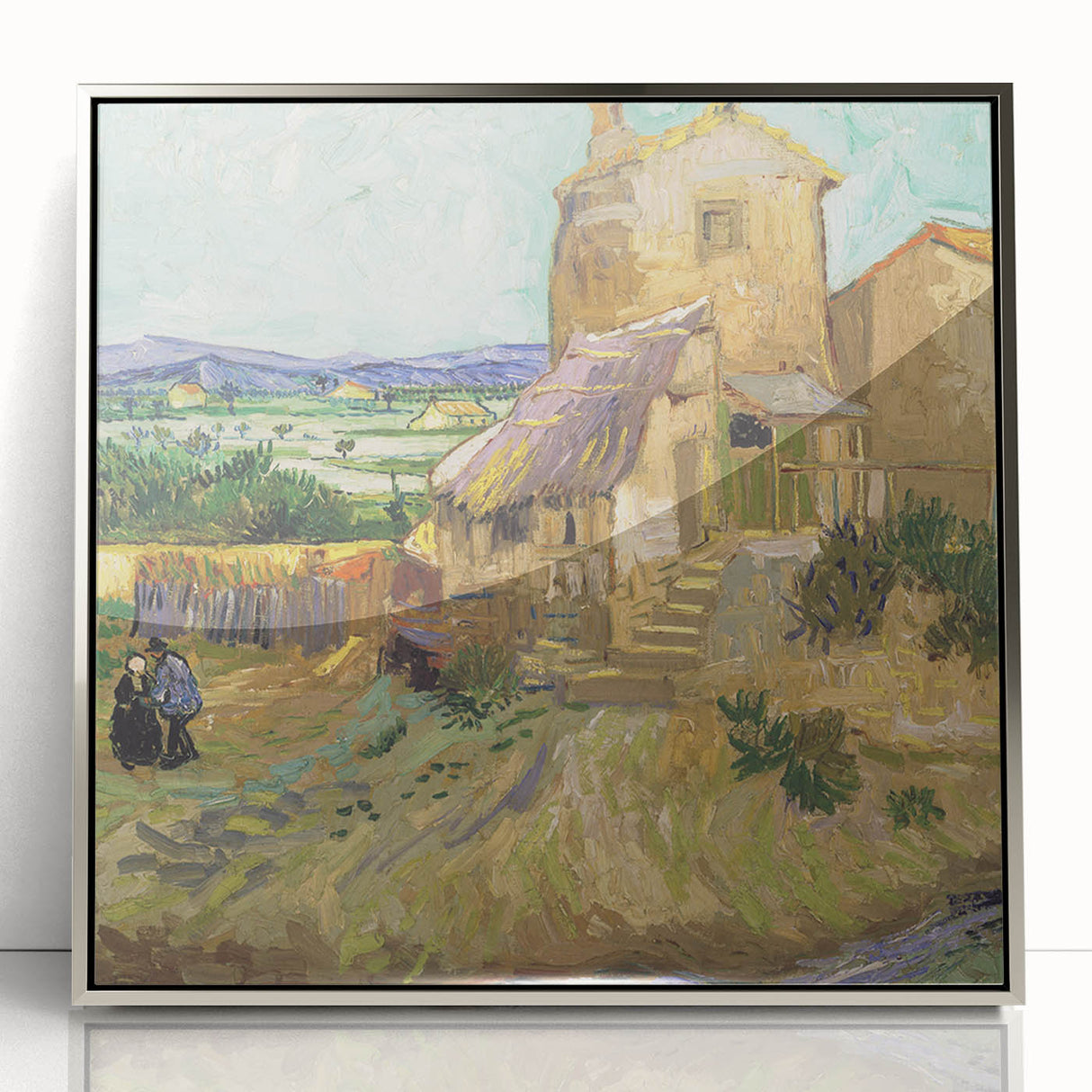 Mid-century modernist art depicting a Van Gogh-inspired scene on a silver-framed acrylic print.