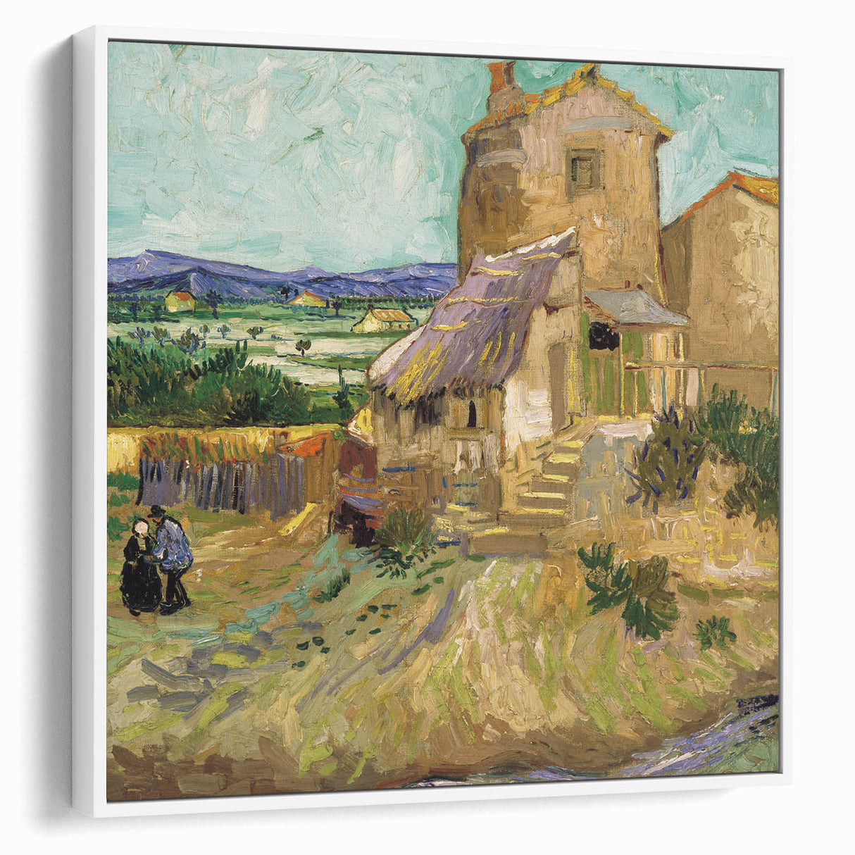 Vintage poster art of Van Gogh's painting on a framed canvas, featuring vibrant colors on a black background.