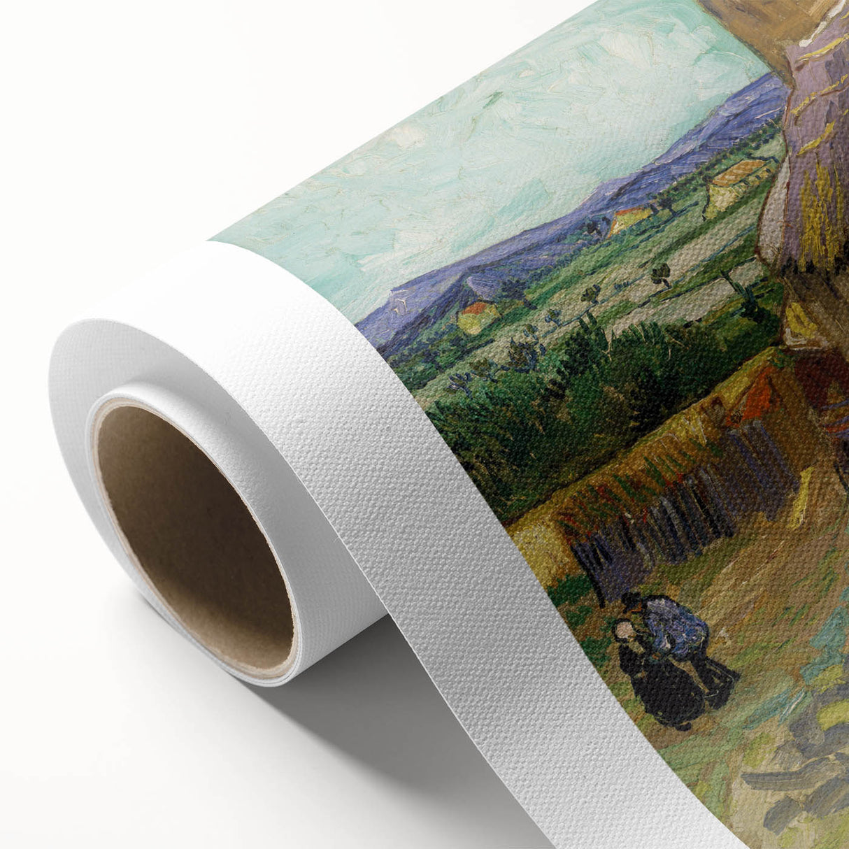 Art deco style poster of a Van Gogh painting on rolled canvas, featuring vibrant blue and yellow tones.