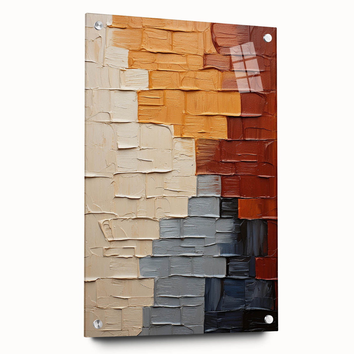 Abstract wall art featuring vibrant strokes in shades of blue, orange, and yellow, displayed in a sleek acrylic frame with visible mounting pins, enhancing modern decor.