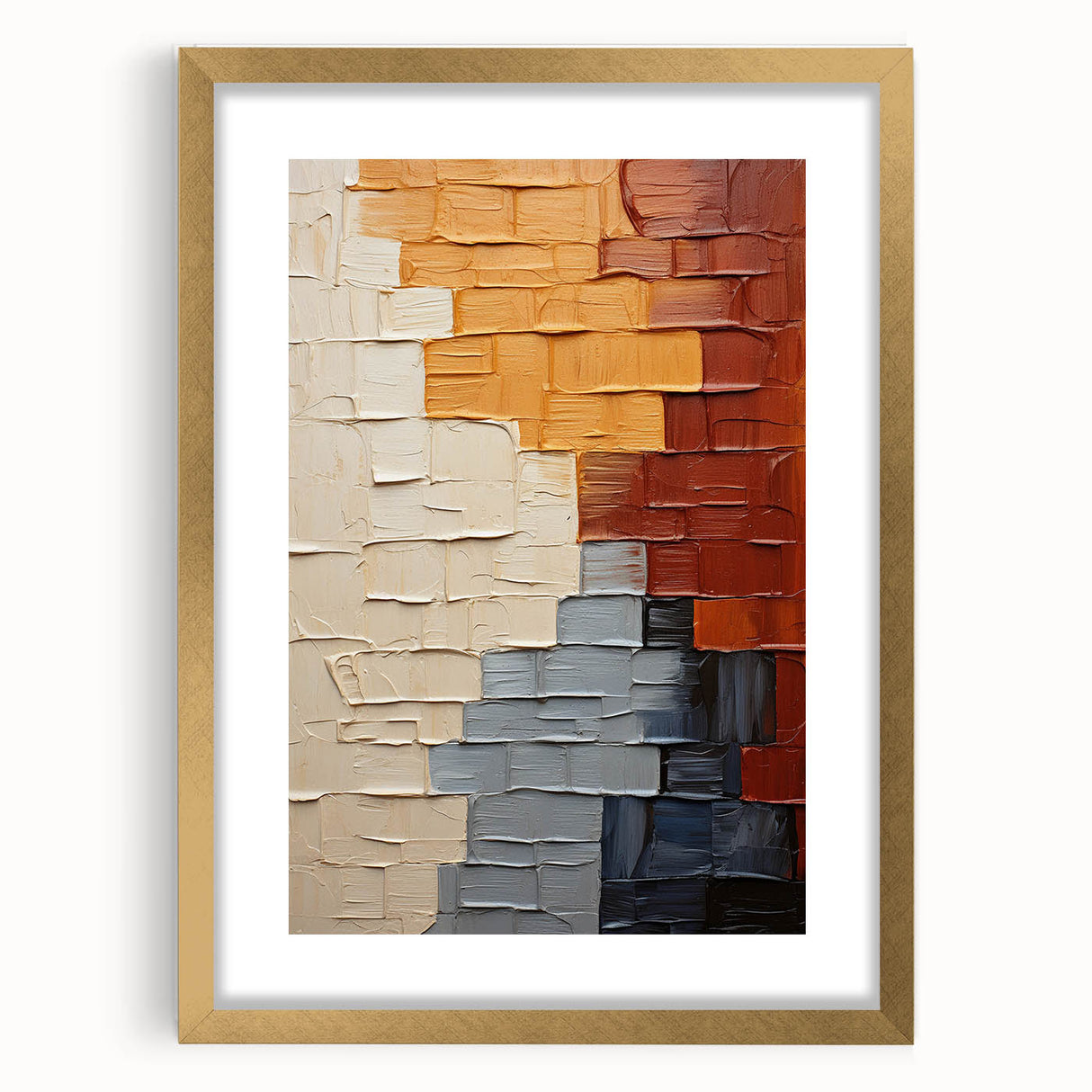 Abstract strokes wall art framed in gold with a white mat, showcasing vibrant colors and dynamic patterns, perfect for modern home decor.