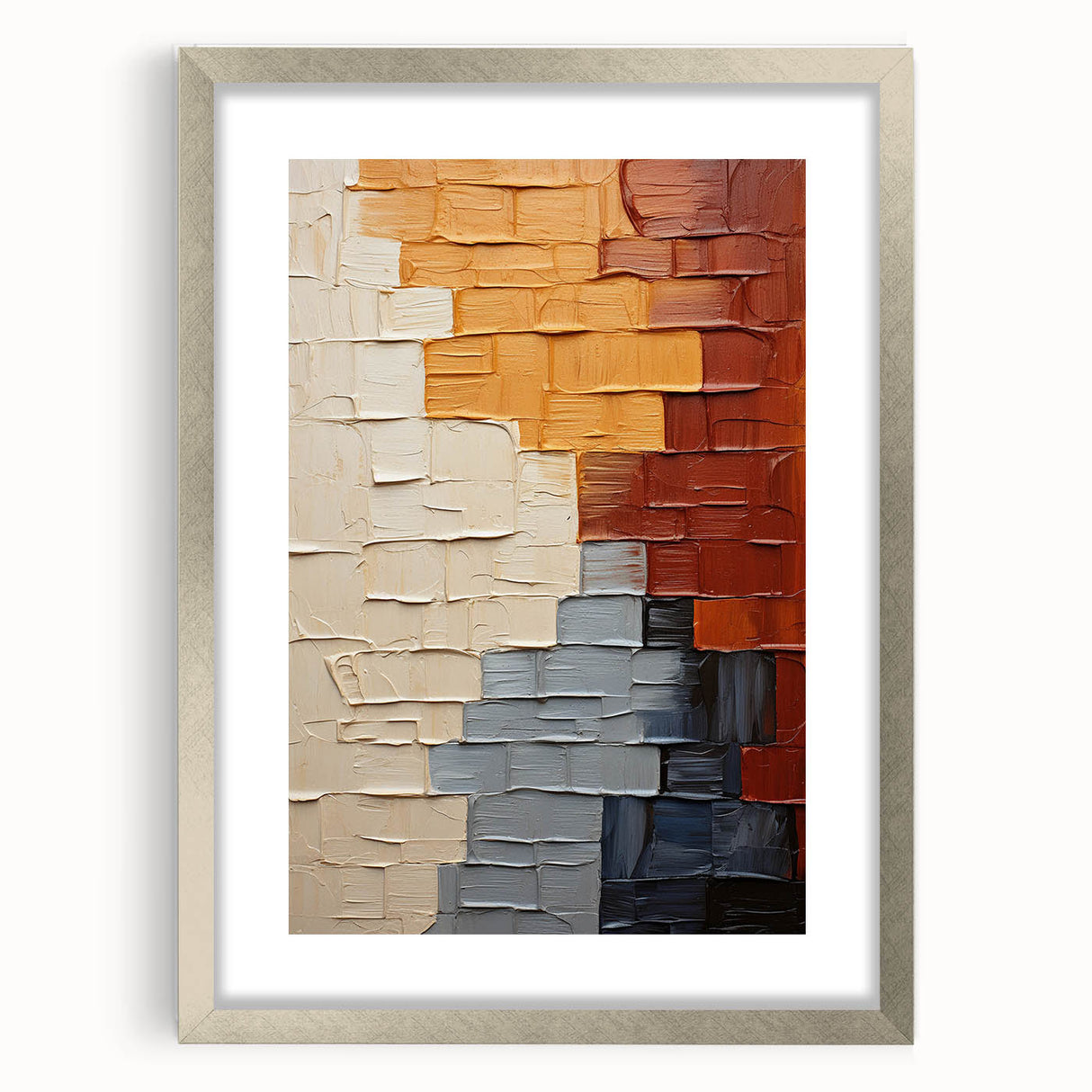 Abstract wall art featuring vibrant strokes in shades of blue, pink, and gold, framed with a sleek silver mat, perfect for modern home decor accents.
