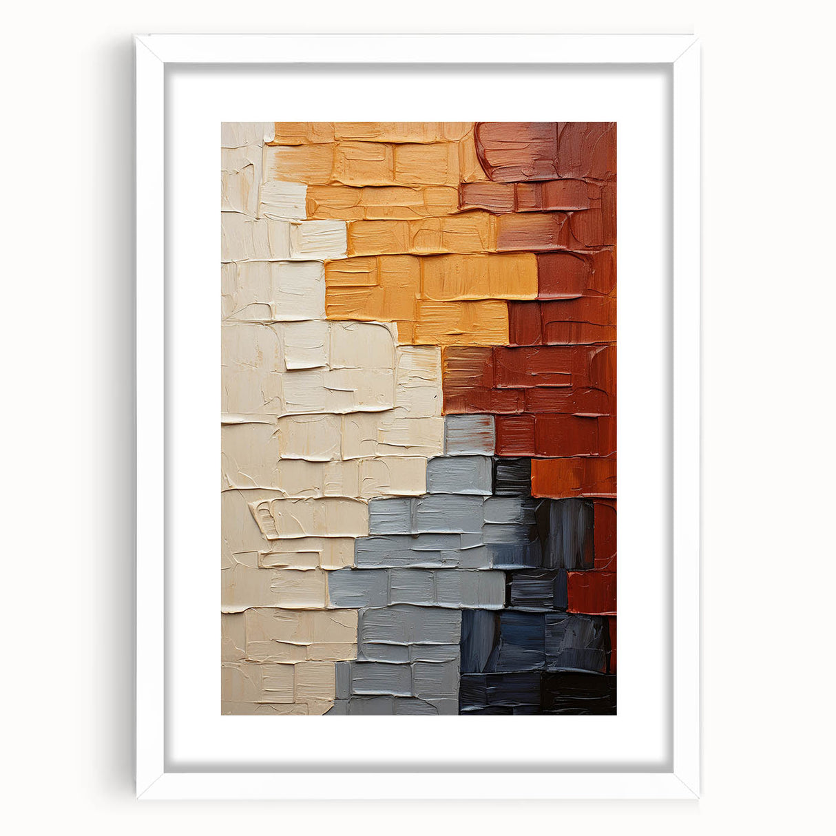 Abstract strokes wall art framed in white, showcasing a modern design with vibrant colors and dynamic shapes, ideal for contemporary home decor.