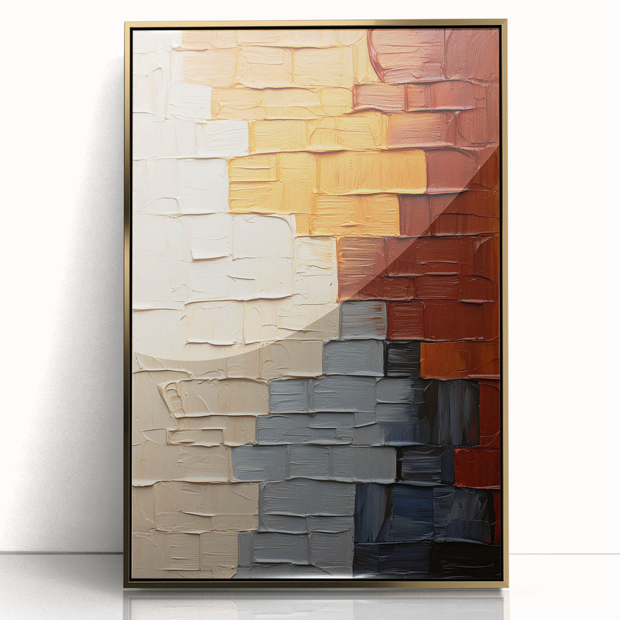 Framed abstract wall art featuring dynamic gold strokes on a white background, ideal for modern decor. Perfect for enhancing living spaces with a touch of elegance.