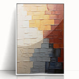 Framed abstract wall art featuring colorful strokes in vibrant hues of blue, orange, and yellow, set against a crisp white background, ideal for modern decor.