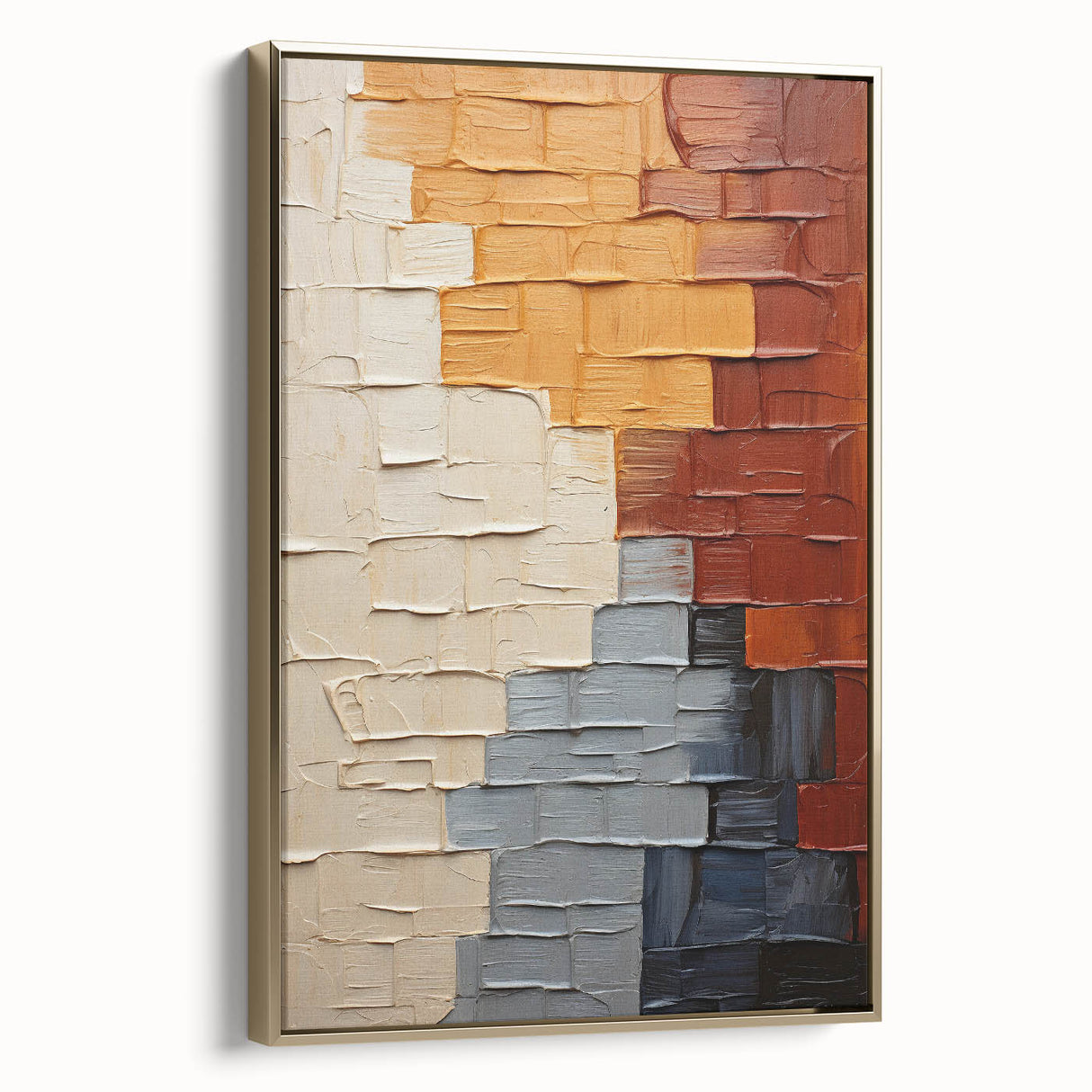 Framed wall art featuring abstract strokes in gold tones, showcasing a modern design with a sleek side view, perfect for contemporary home decor.