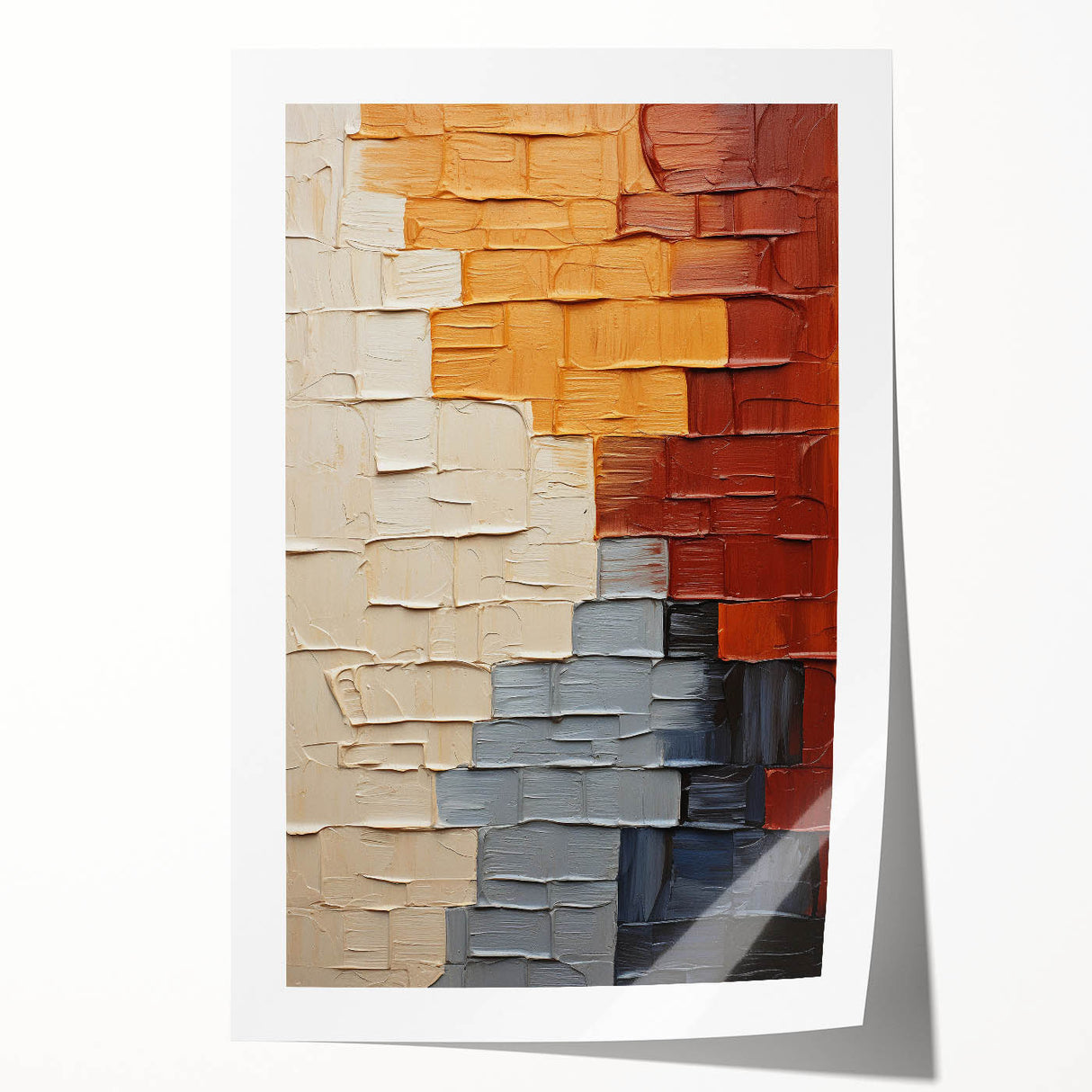 Abstract wall art print showcasing vibrant strokes in shades of blue, orange, and yellow, designed for modern home decor, rolled for easy framing and display.