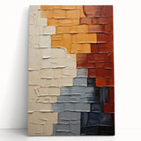 Abstract strokes wall art on stretched canvas, featuring vibrant colors of blue, gold, and pink, elegantly leaning against a neutral wall, enhancing modern decor.