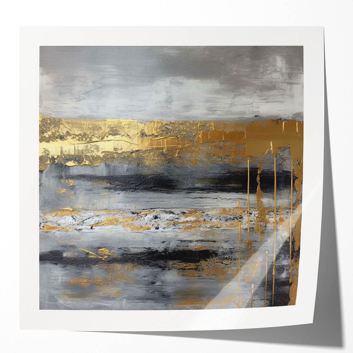 Abstract wall art featuring vibrant strokes in shades of blue, orange, and green, displayed in a glossy photo print mockup, enhancing modern decor aesthetics.