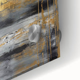 Close-up of abstract wall art featuring colorful strokes in blue, pink, and gold on acrylic glass, showcasing vibrant textures and modern design for contemporary decor.