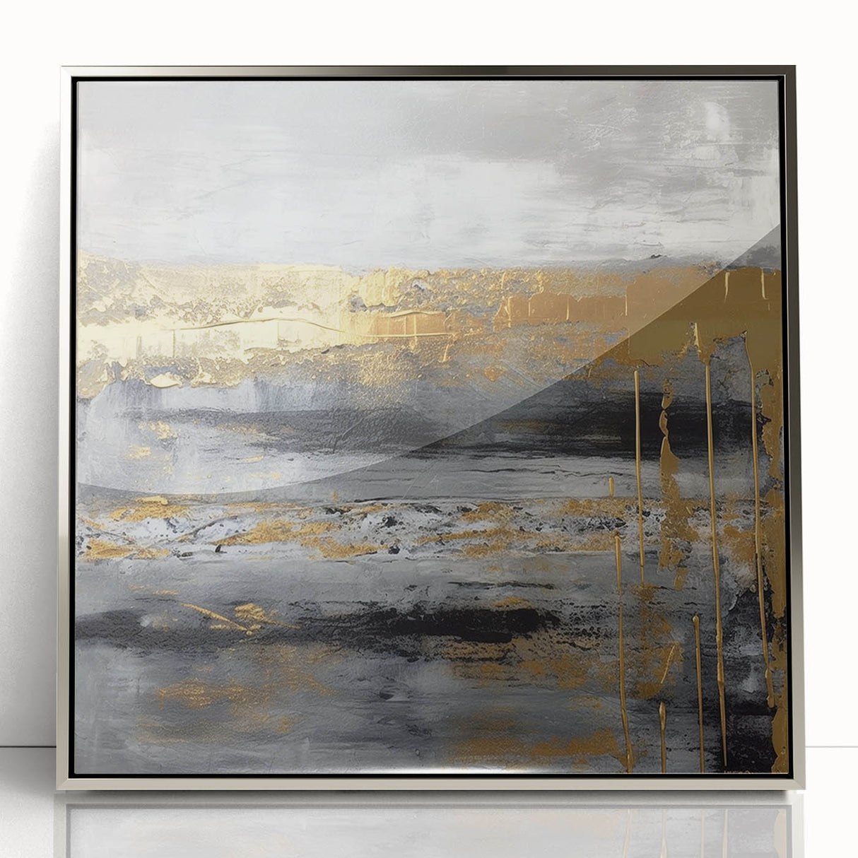 Framed wall art featuring abstract strokes in silver and black hues, showcasing a modern design perfect for contemporary home decor. The sleek acrylic frame enhances the artwork's elegance, making it an ideal statement piece for any room.