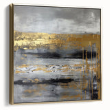 Framed abstract wall art featuring dynamic silver and gold strokes on a textured canvas, set against a minimalist background, ideal for modern home decor.