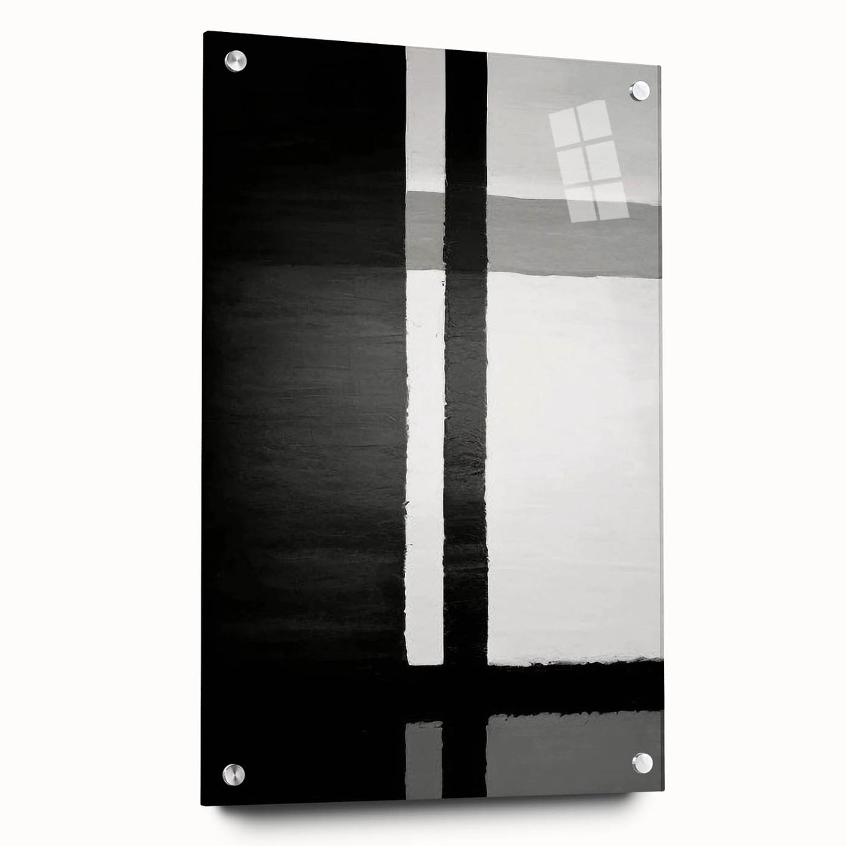 Abstract wall art featuring colorful strokes on acrylic glass, designed for modern decor. Side view showcases pin installation for easy display, enhancing any interior space.