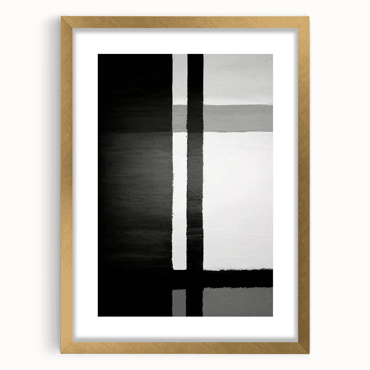 Abstract wall art featuring dynamic gold and black strokes in a sleek frame with a mat, perfect for modern home decor. Ideal for adding elegance to any room.