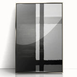 Framed wall art showcasing abstract strokes in silver and white, ideal for modern decor. The piece is displayed front-facing, highlighting its sleek acrylic frame and dynamic design, perfect for enhancing contemporary living spaces.