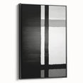 Framed abstract wall art featuring bold black strokes on a textured canvas, displayed in a sleek black frame, ideal for modern home decor.
