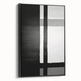 Framed abstract wall art featuring bold black strokes on a textured canvas, displayed in a sleek black frame, ideal for modern home decor.
