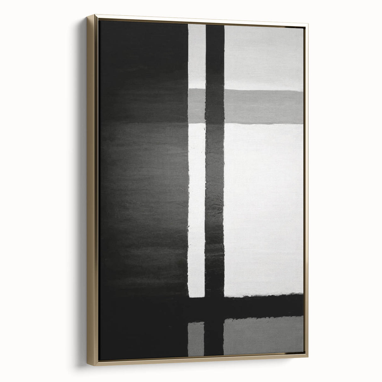 Framed canvas wall art showcasing abstract strokes in gold and neutral tones, set against a modern backdrop, perfect for contemporary home decor accents.