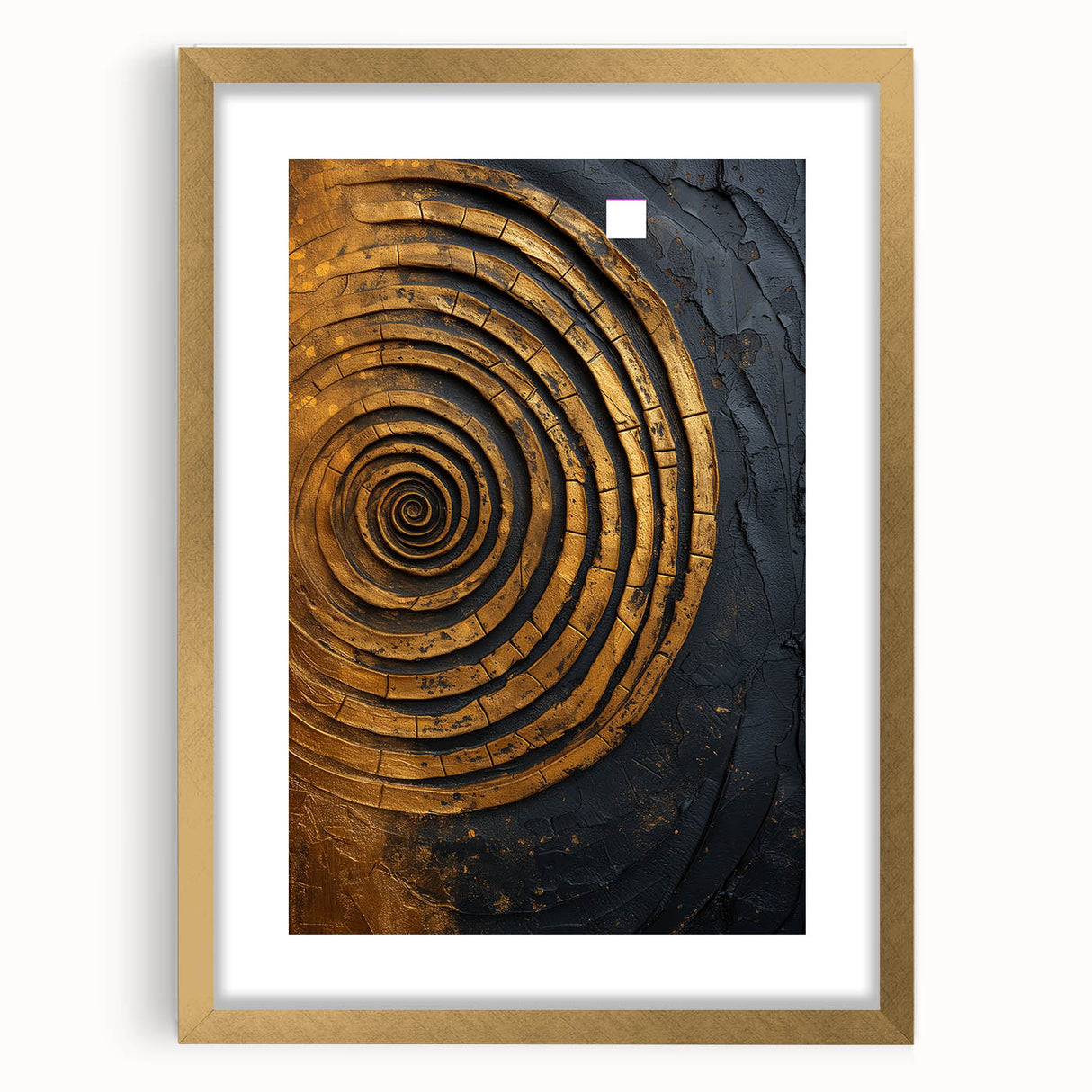 Abstract wall art featuring vibrant strokes in shades of blue, gold, and white. Framed with a gold mat, this piece adds a modern touch to any decor.